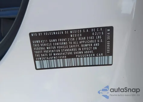 2015 Volkswagen Jetta 2.0L S z USA, uszkodzony, nr VIN 3VW2K7AJ8FM310399